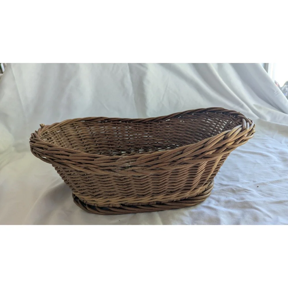 Vintage Style Brown Wicker Oval Storage Basket Footed Farmhouse Decor 14.5in